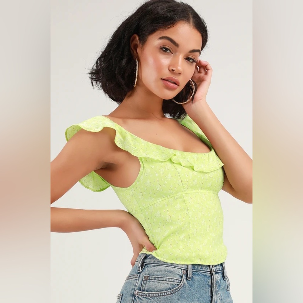 Free people Stay with You Lime Green Floral Print Satin Ruffled Top, size XS
